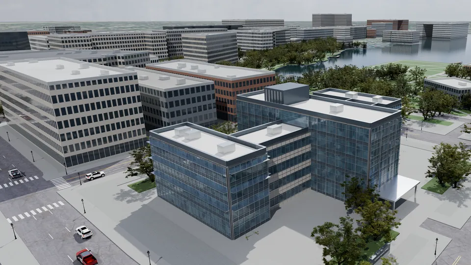 Riverside Medical Office finished, on its block in the city